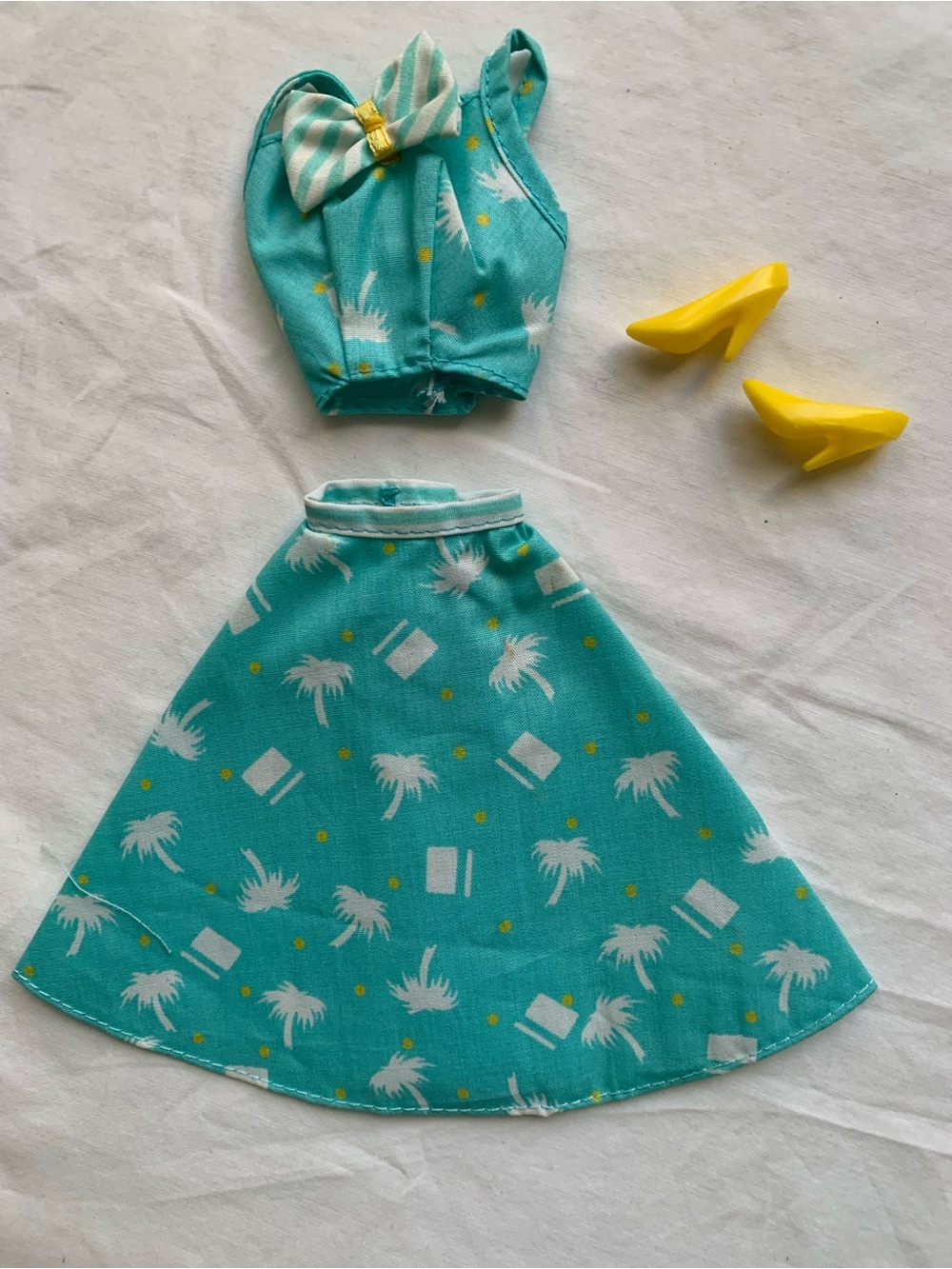 Vintage 1960s Clone Doll Clothes Teal Palm Tree Skirt Top Set & Shoes